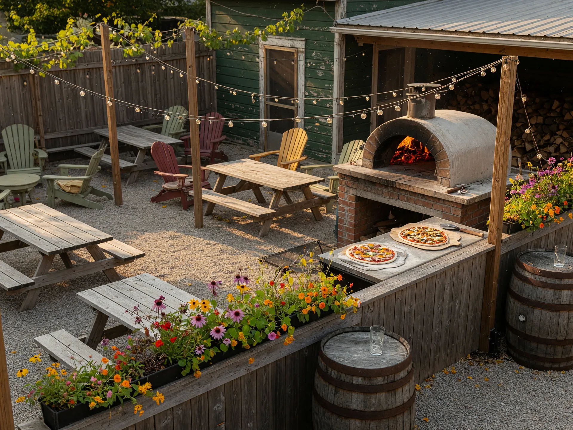 A cozy craft brewery beer garden in Uxbridge with wooden picnic tables, string lights, flower planters and a wood-fired pizza oven in late afternoon light