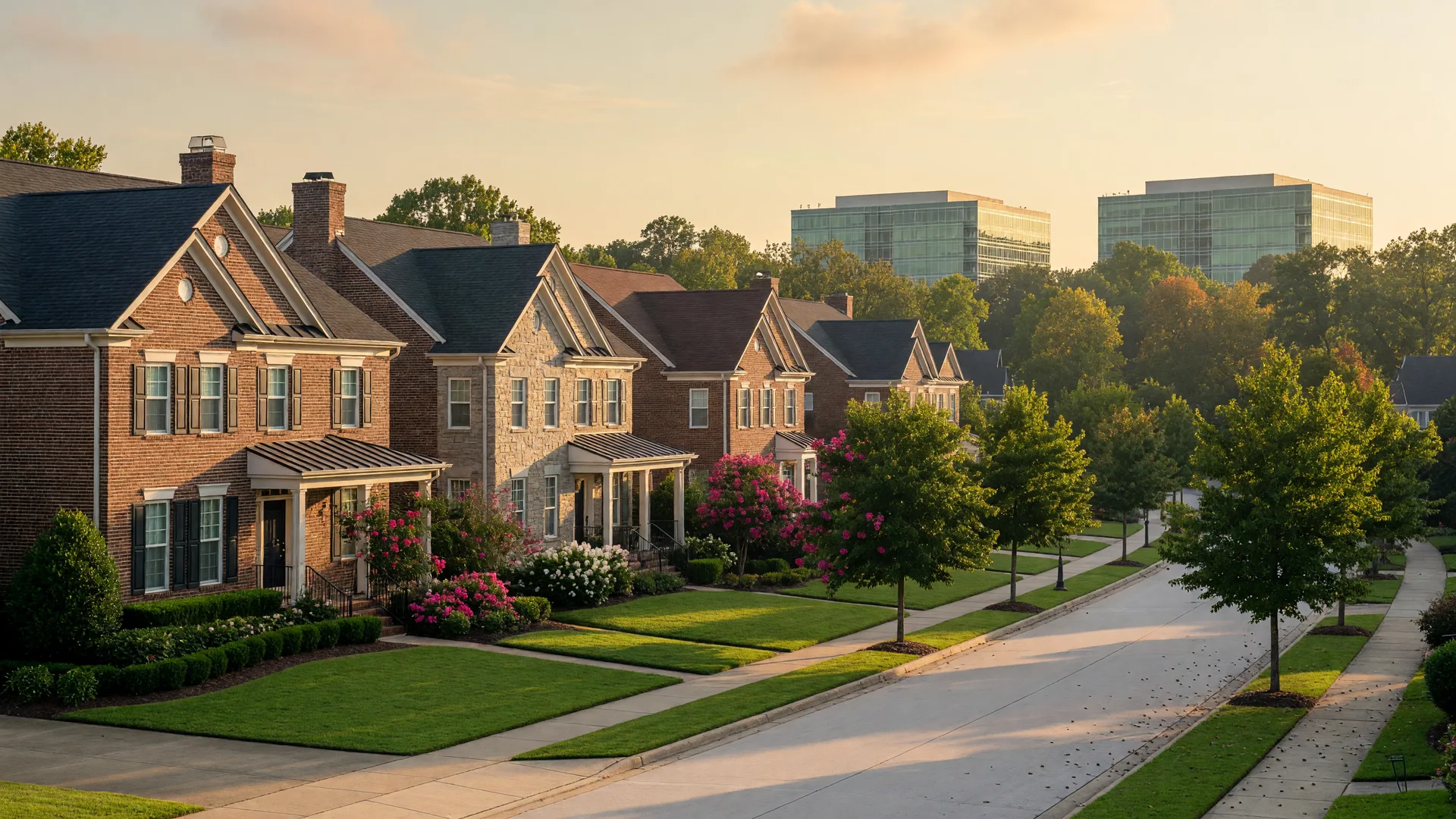 Ballantyne NC master-planned homes along a landscaped, tree-lined street on a sunny morning