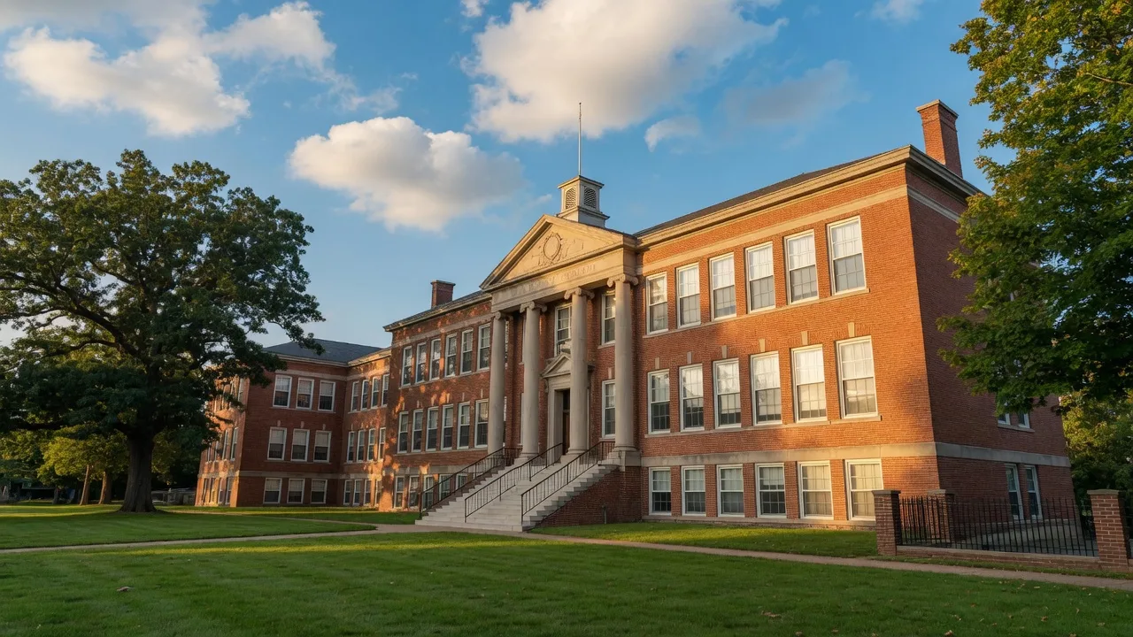 Riverton Borough School, a historic brick school building in Riverton NJ with green lawn and mature trees