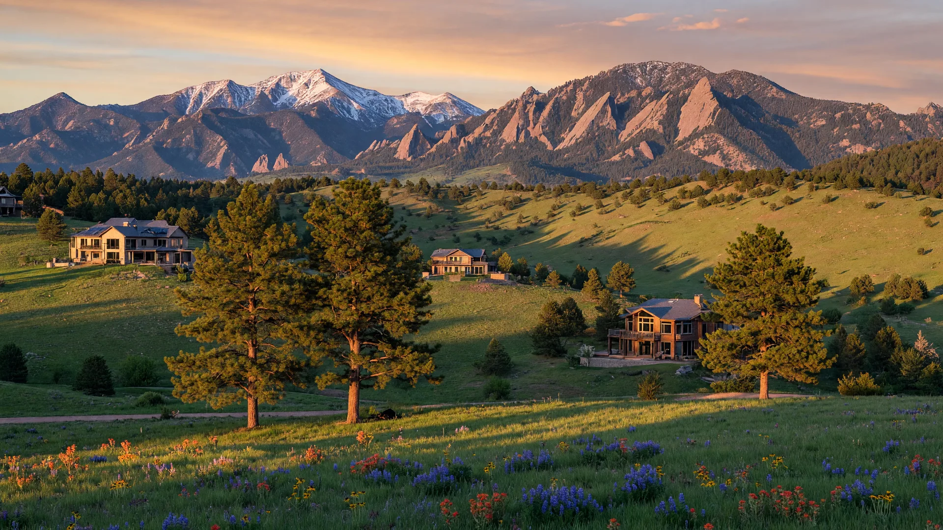 A golden-hour view across Boulder County Colorado, with green foothills leading up to the Flatirons and snow-capped Rocky Mountains on the horizon.