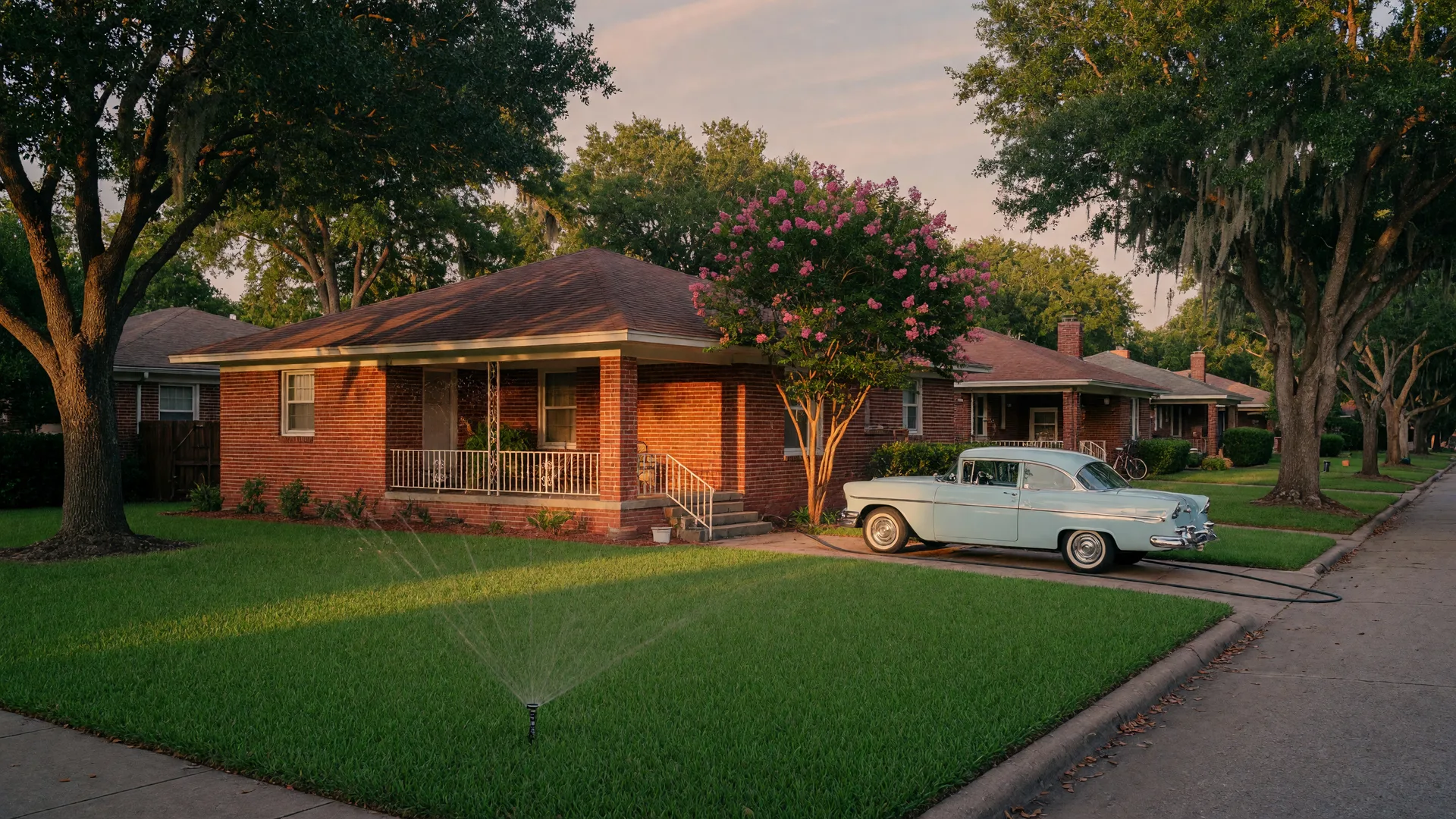 A classic 1950s brick ranch home on a tree-lined street in Garden Oaks at golden hour