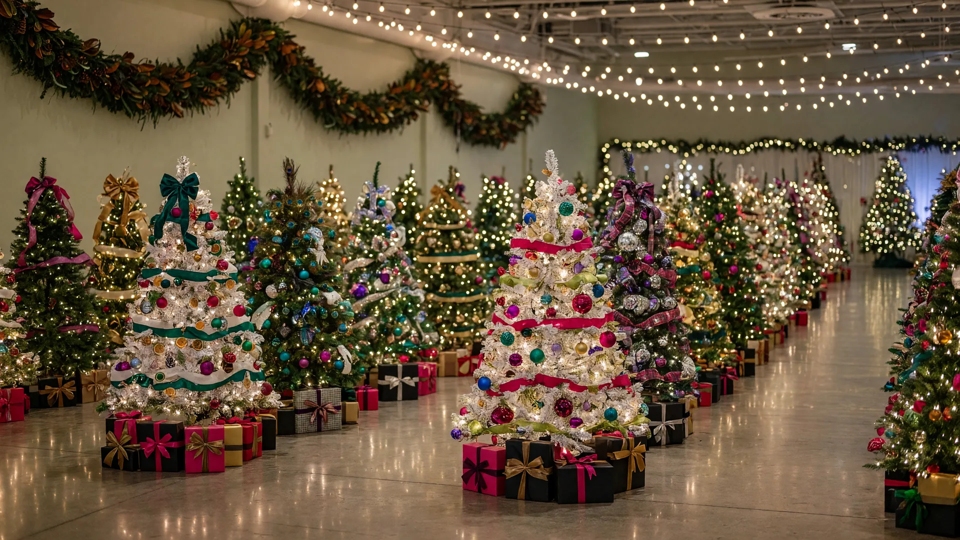 Rows of designer Christmas trees decorated with lights and ornaments inside a warm community hall