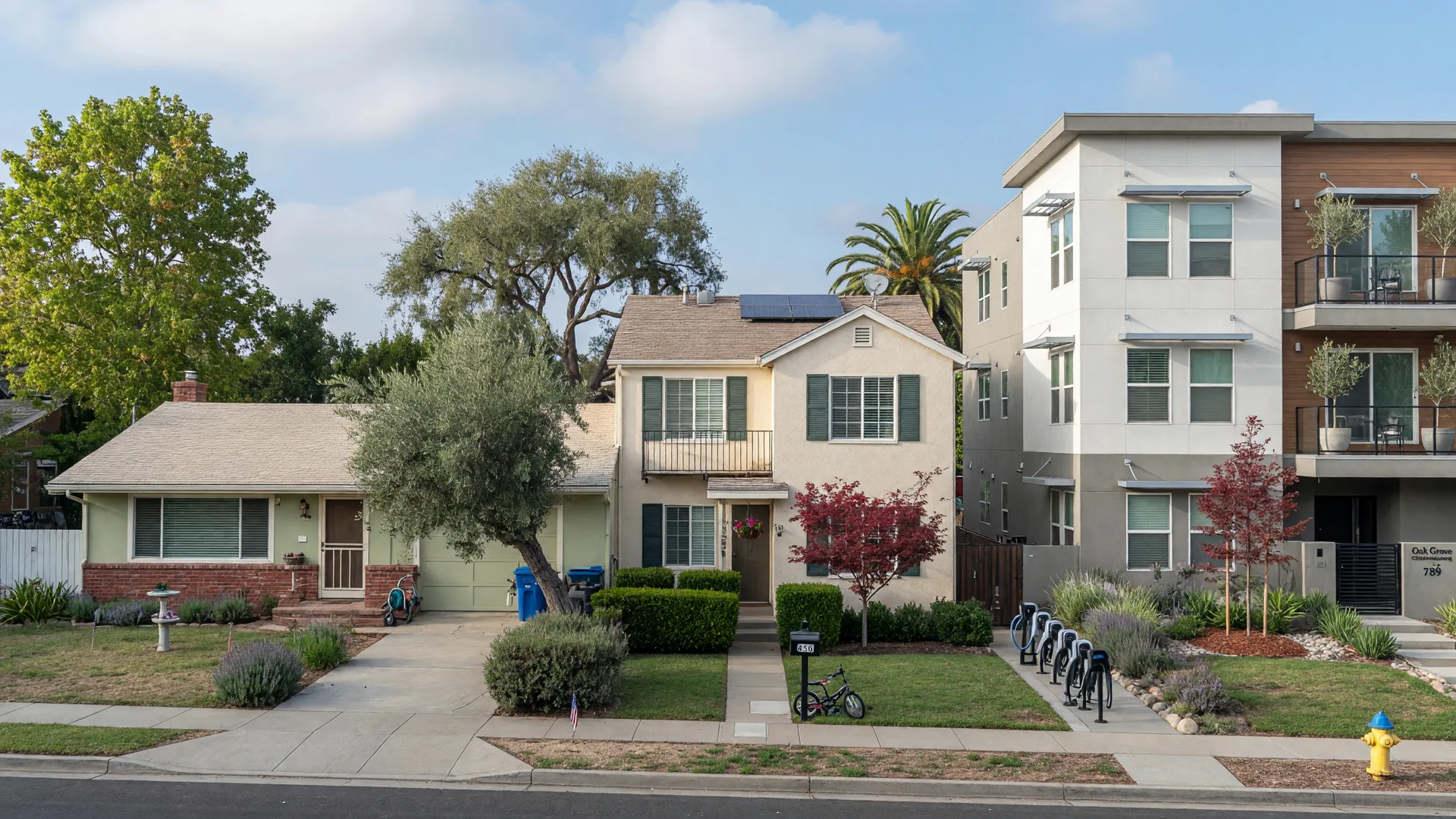 A single-story ranch home, a two-story townhome, and a modern condominium building along a sunlit Northern California street