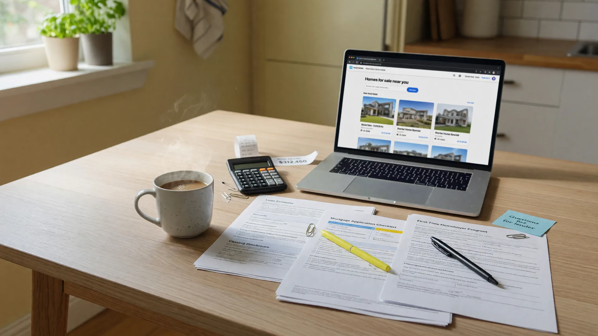 Kitchen table with mortgage paperwork, a laptop showing a real estate listings page, a calculator, and a pen in warm window light