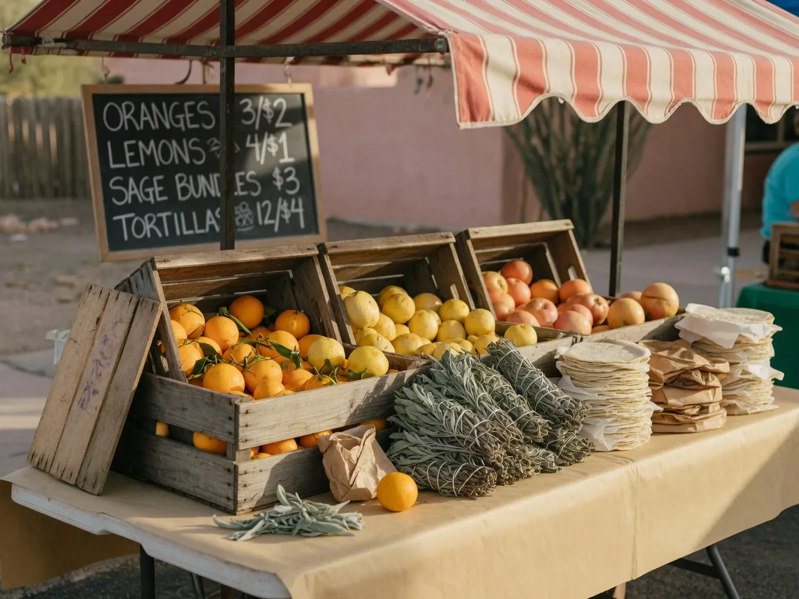 Crates of oranges, lemons, and grapefruit on a farmers market table with bundles of produce