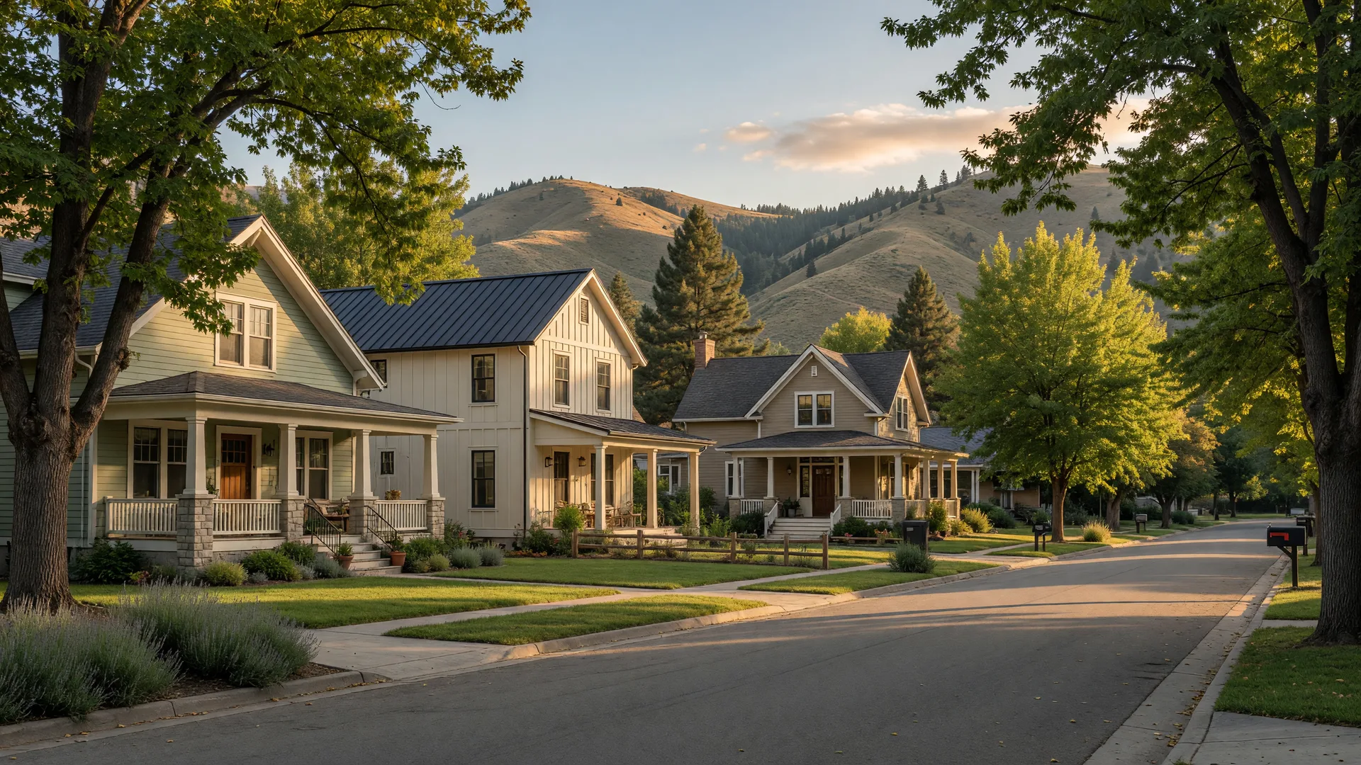 Illustrative image of single-family homes on a tree-lined street in Hidden Springs