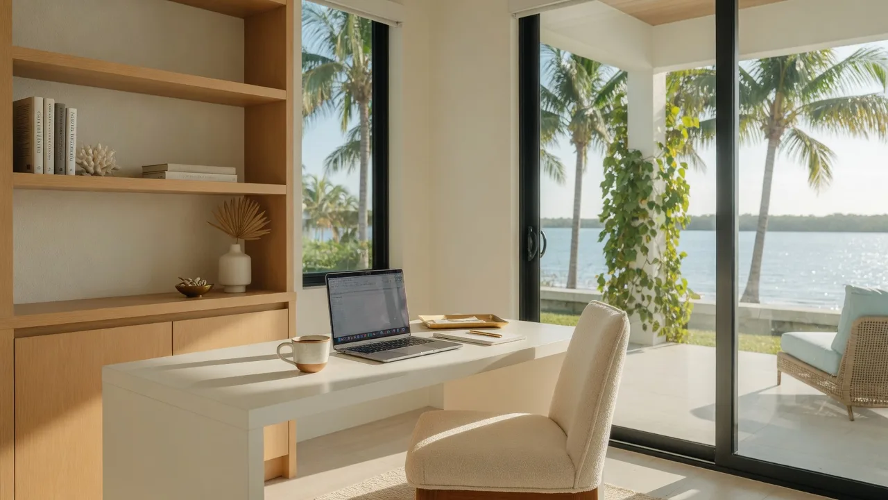 A light-filled home office in a single-story coastal Florida villa, with sliding glass doors open to a palm-lined lanai and calm water beyond