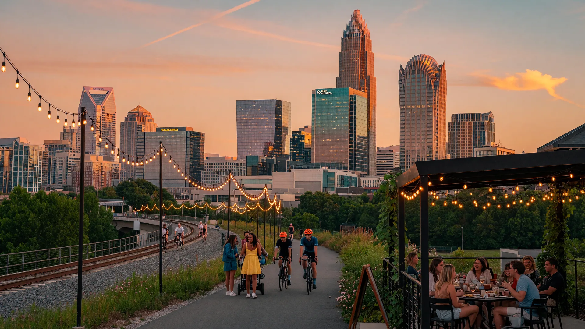 Uptown Charlotte skyline at golden hour viewed from the South End Rail Trail with string lights and outdoor dining