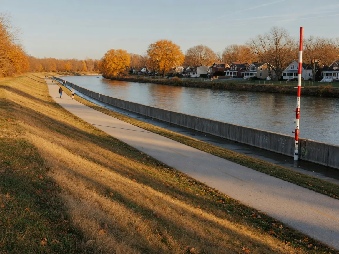 The Great Miami Riverway recreation trail running along the top of a grassy levee beside the Great Miami River, a low concrete floodwall and a steel river gauge on the bank below, autumn trees in low late-October light
