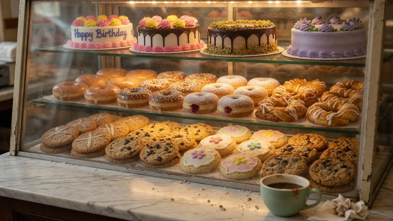 A glass bakery display case filled with cookies, donuts, pastries and cakes in a family-run neighborhood bakery