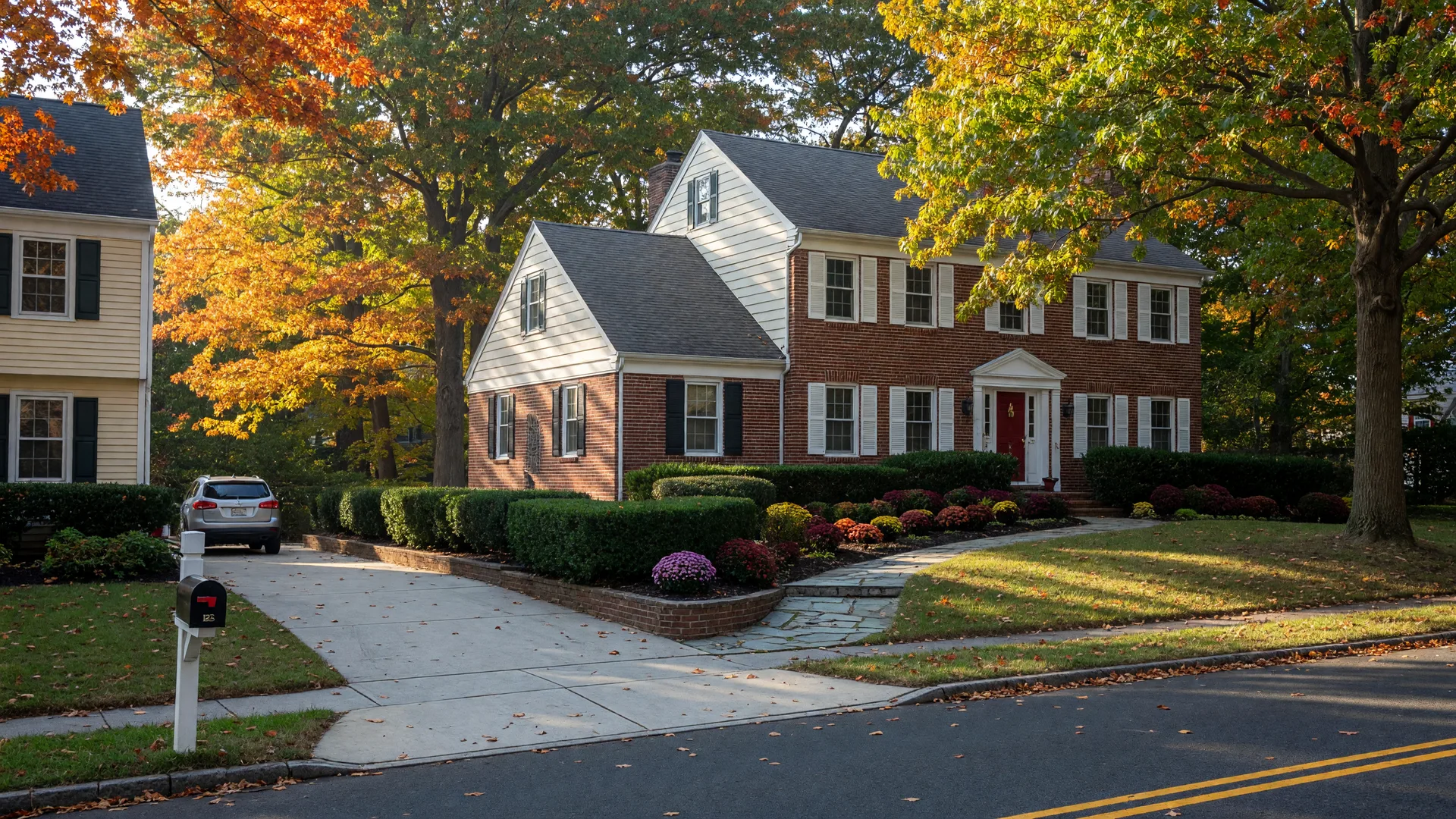 Classic colonial home in Cherry Hill on an autumn morning