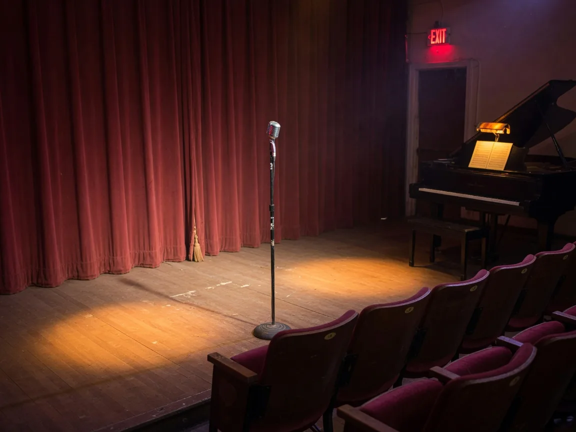 Intimate community theater stage with microphone and warm lights at the Wimberley Players