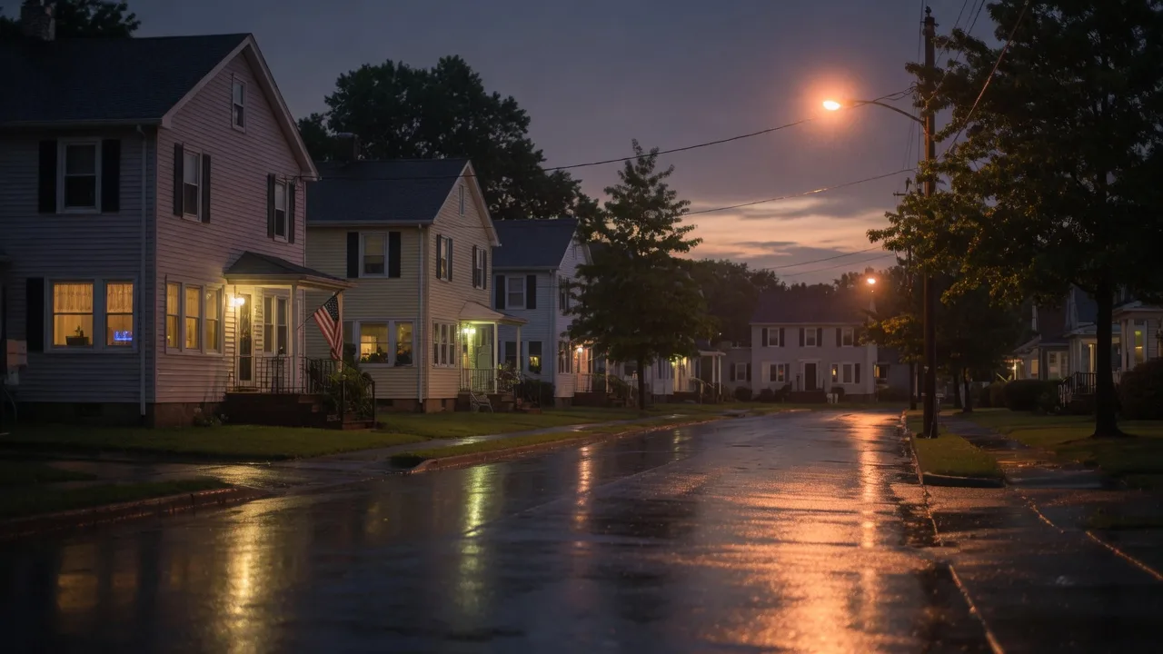 A quiet North Jersey street at dusk after rain, warm streetlights reflecting on wet pavement