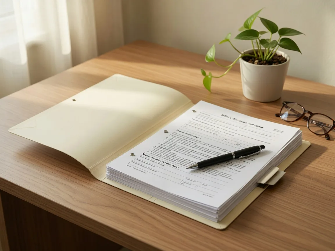 Real estate disclosure documents and a pen on a desk, representing the legal paperwork involved in selling a home in Virginia