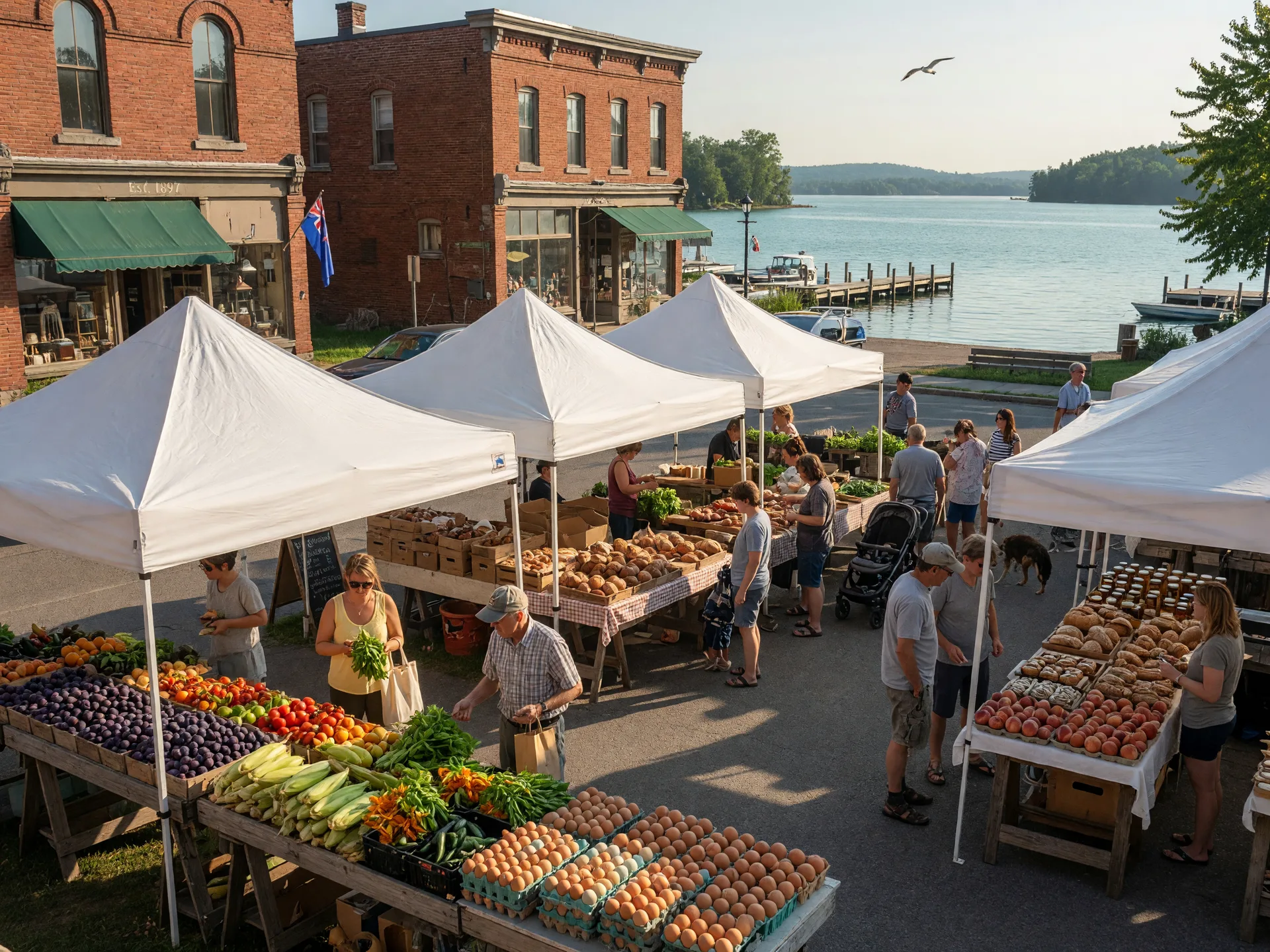 A bright farmers market in an Ontario lakeside town with wooden produce stalls under white canopies and heritage storefronts in the background