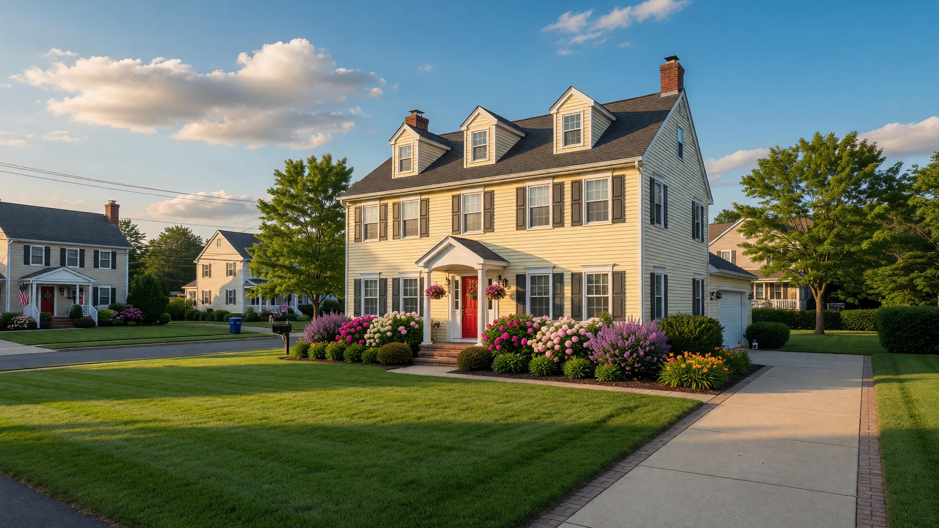 Classic colonial-style single-family rental home in a suburban South Jersey neighborhood with manicured lawn and landscaping