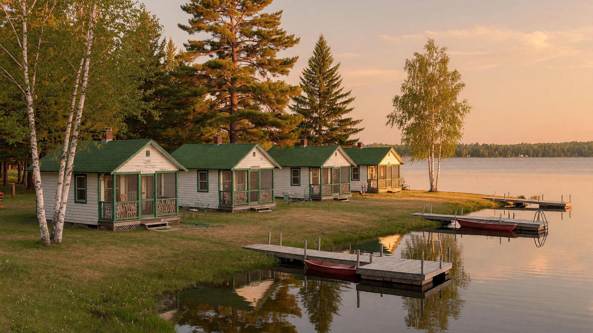 Classic vintage Minnesota lake resort cabins with wooden docks along a calm shoreline at golden hour
