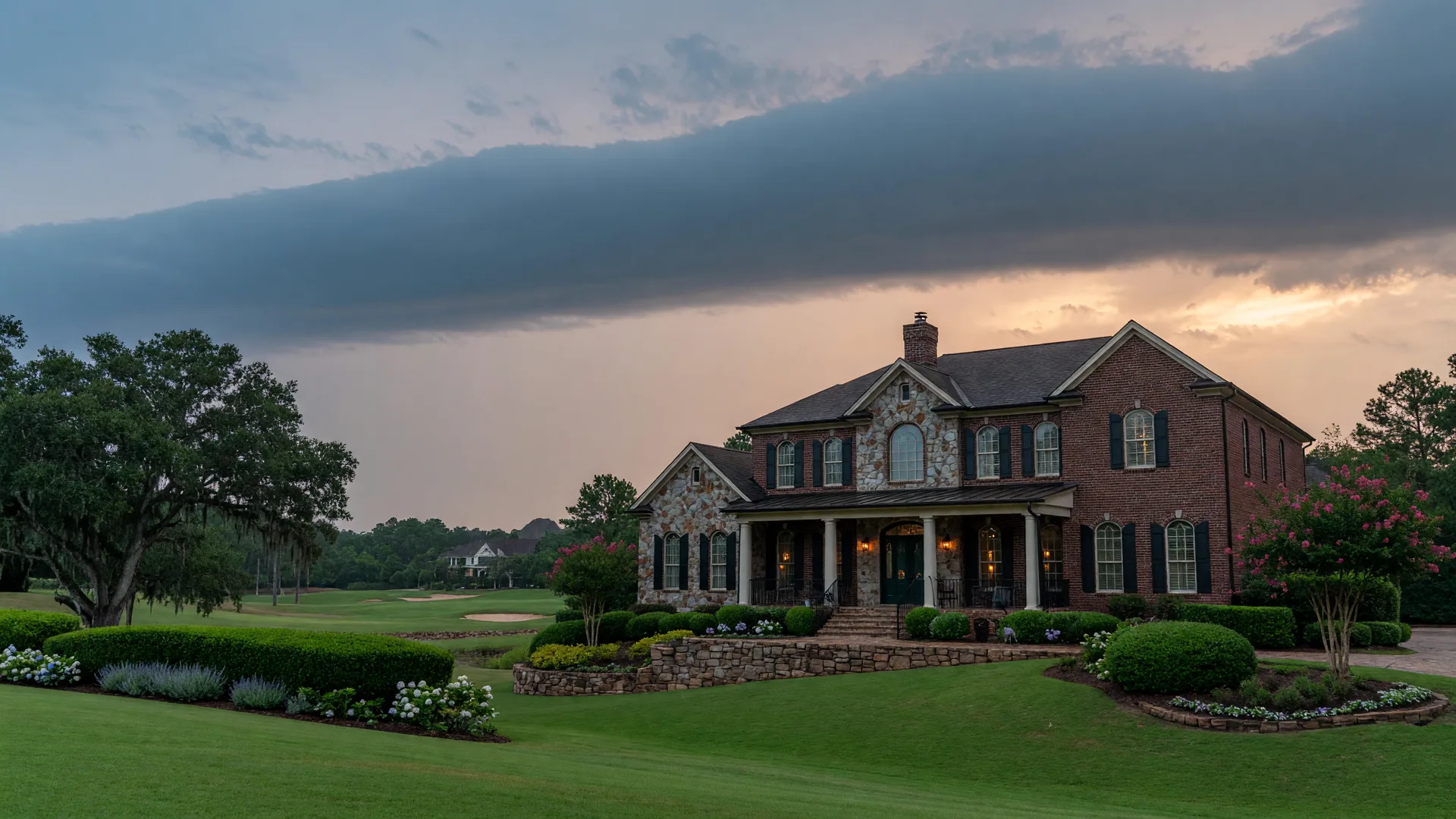 Upscale brick and stone luxury home in a manicured Georgia golf course community under a dramatic overcast sky with rain clouds