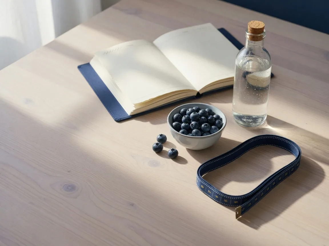 A bright wellness planning scene with water, berries, an open notebook and a measuring tape
