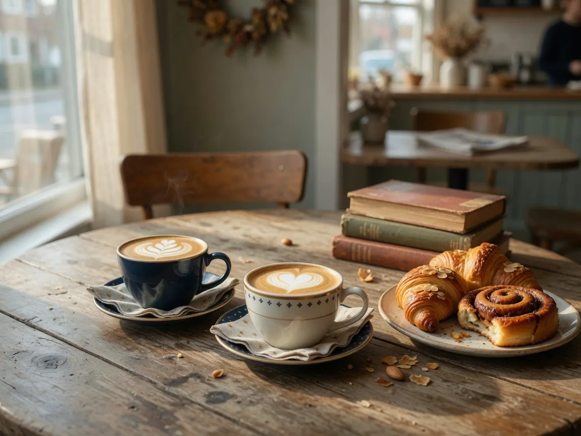 Two cups of coffee with latte art on a wooden cafe table beside books and fresh pastries