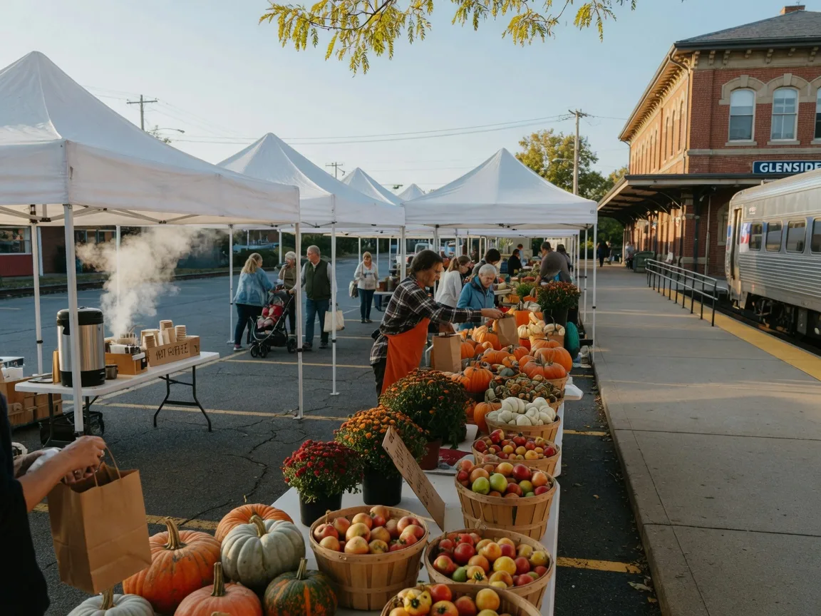 White market canopies lined up beside the red-brick Glenside train station, crates of apples, pumpkins and squash in golden morning light, shoppers as distant figures browsing the stalls