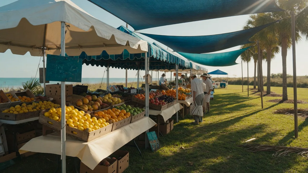 A coastal Florida farmers market on a sunny October morning, with white tents and crates of produce along a palm-lined lawn