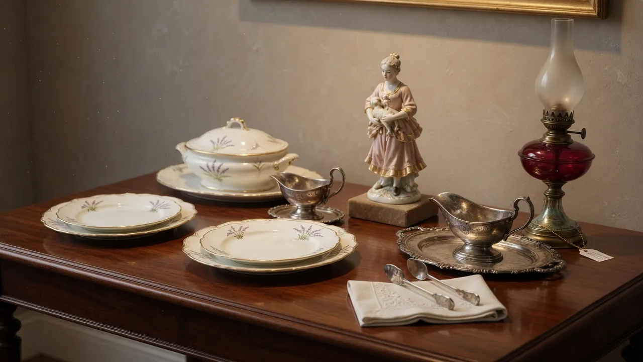 Elegant display of antiques, fine china, silver, and porcelain arranged for auction preview on a mahogany table under warm gallery lighting