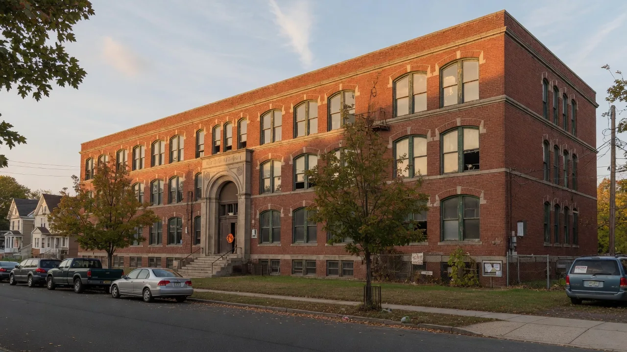 A historic three-story red-brick vacant school building in Bloomfield NJ on a tree-lined residential street, the former South Junior High School site being marketed for a 122-unit adaptive reuse