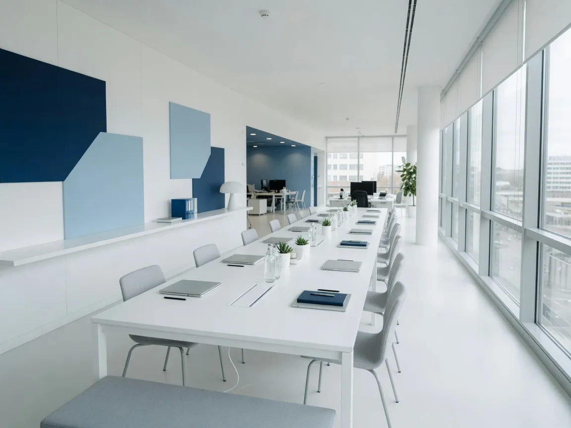 A bright modern open-plan office with a long white table and laptops, representing a real estate team