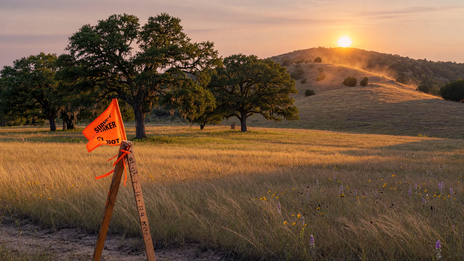 A grazing Comal County pasture with a survey stake in the foreground and live oaks behind