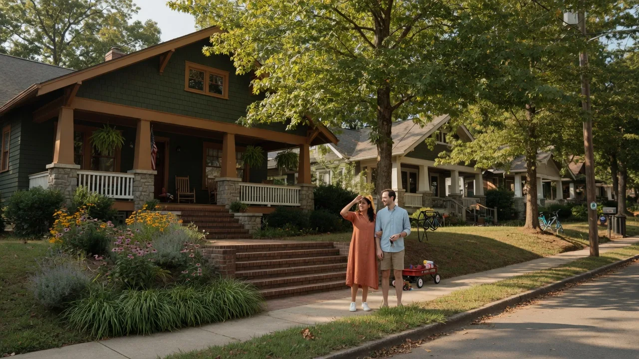 Young couple in front of a craftsman home in a tree-lined Knoxville neighborhood on a sunny afternoon