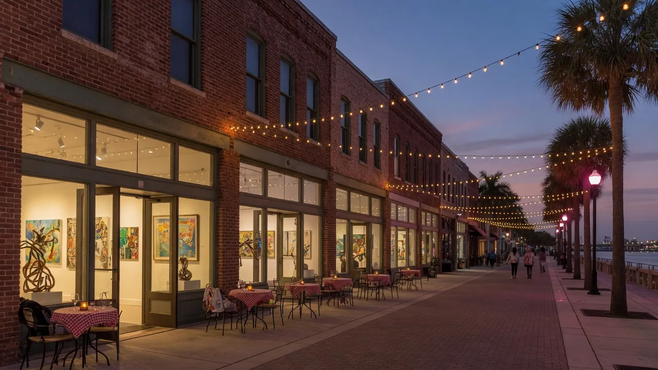 Downtown Fort Myers river district on a First Friday evening with historic storefronts, string lights, and palm trees