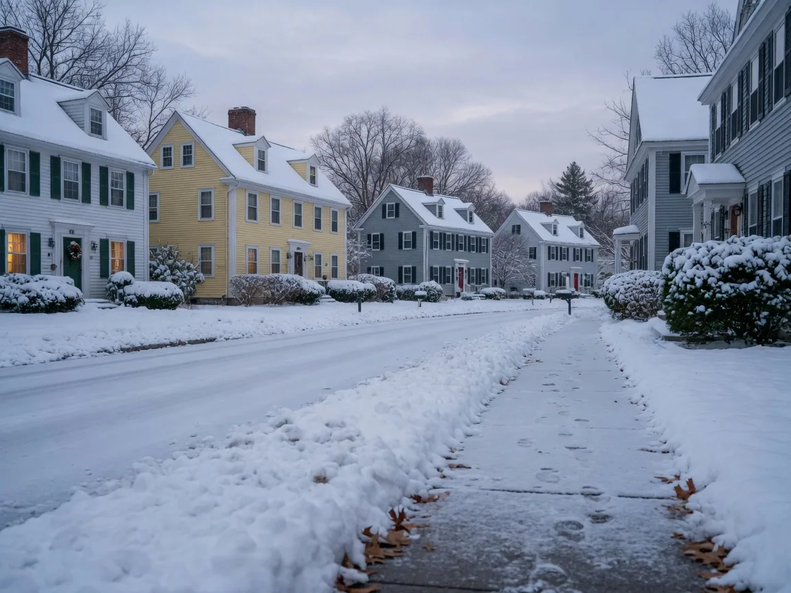 A snow-covered residential street of colonial homes in central Massachusetts on a winter morning