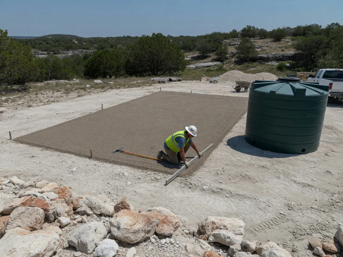 A construction worker preparing a gravel foundation pad for a polyethylene rainwater tank on caliche soil in the Texas Hill Country.