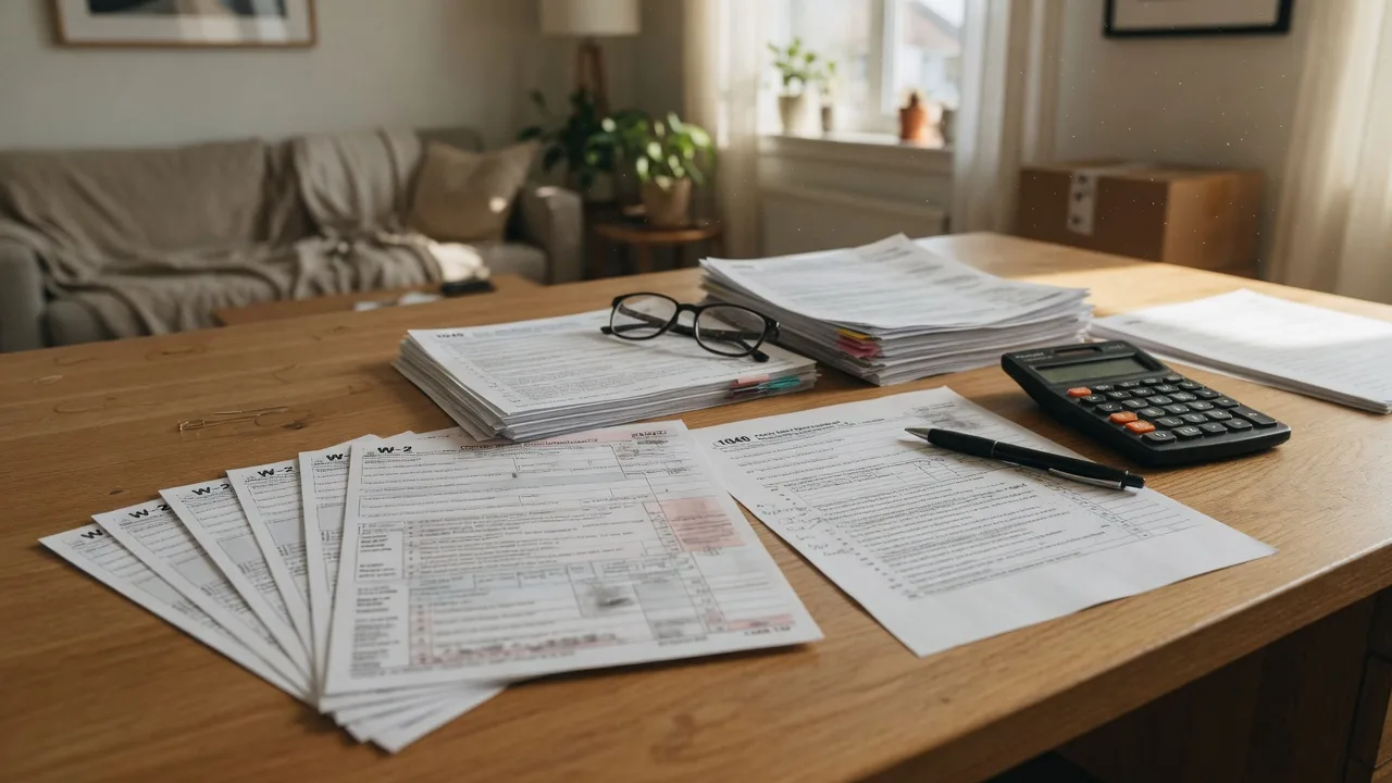 A first-time buyer's desk with fanned-out W-2 forms, pay stubs, tax returns, and a year-to-date profit and loss statement beside a calculator, pen, and reading glasses