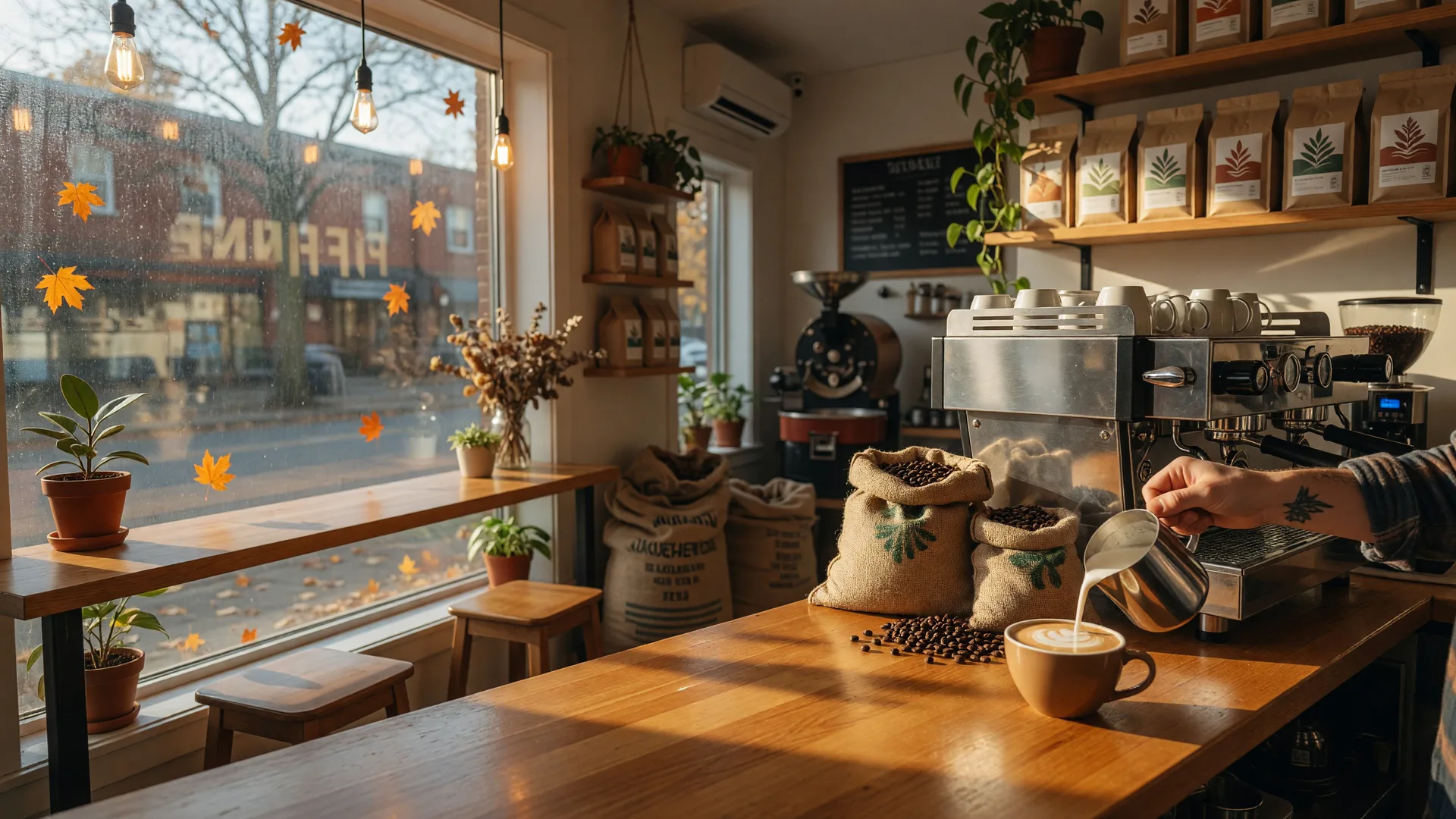 Inside Aves Coffee Co. in downtown Oshawa: a wooden counter with an espresso machine, burlap sacks of coffee beans, and warm window light