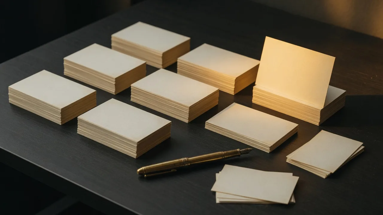 Neat stacks of index cards sorted into small piles on a charcoal desk with a gold pen, the quiet map of the 8 Bucket System