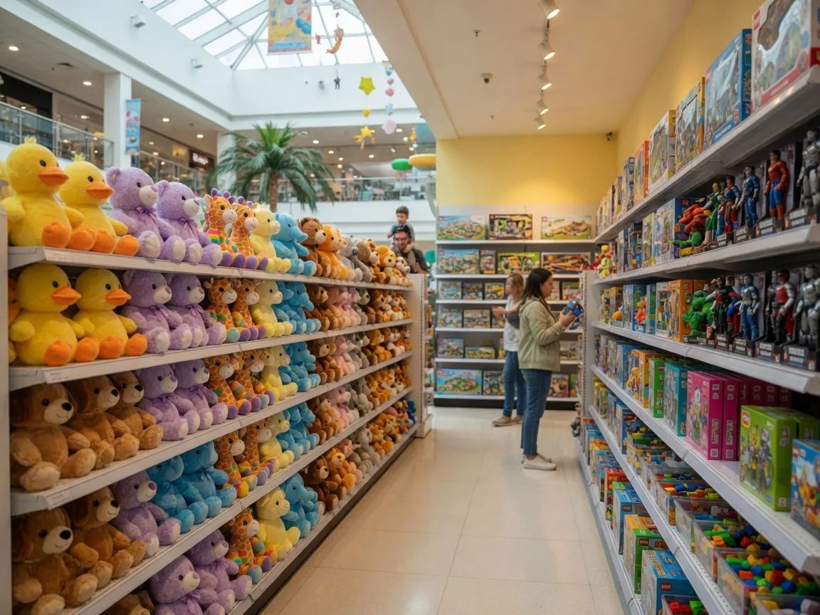 A bright toy store interior in a shopping mall with shelves of stuffed animals, action figures, board games, and building blocks