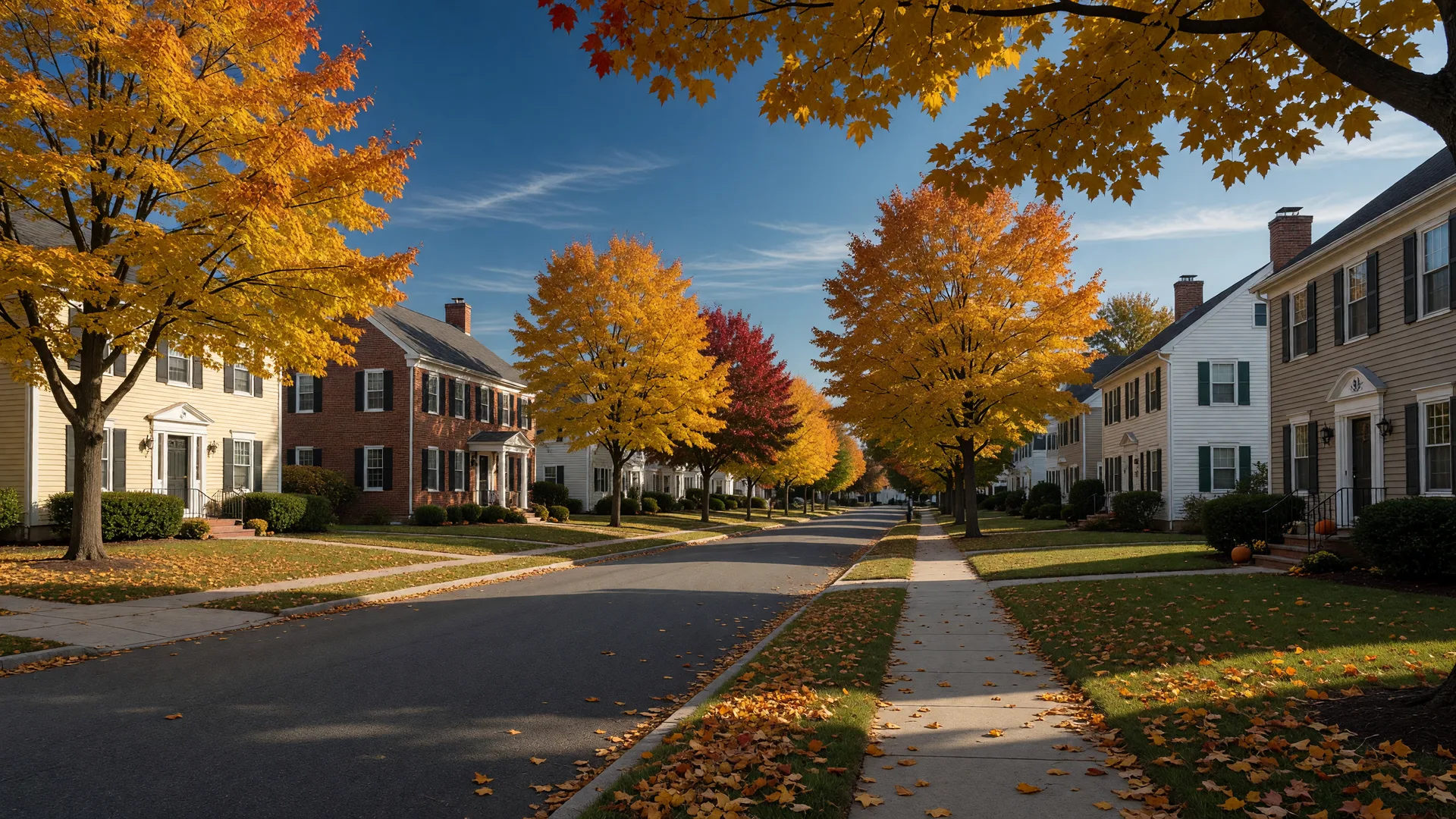 Tree-lined South Jersey suburban street with colonial homes and golden autumn leaves