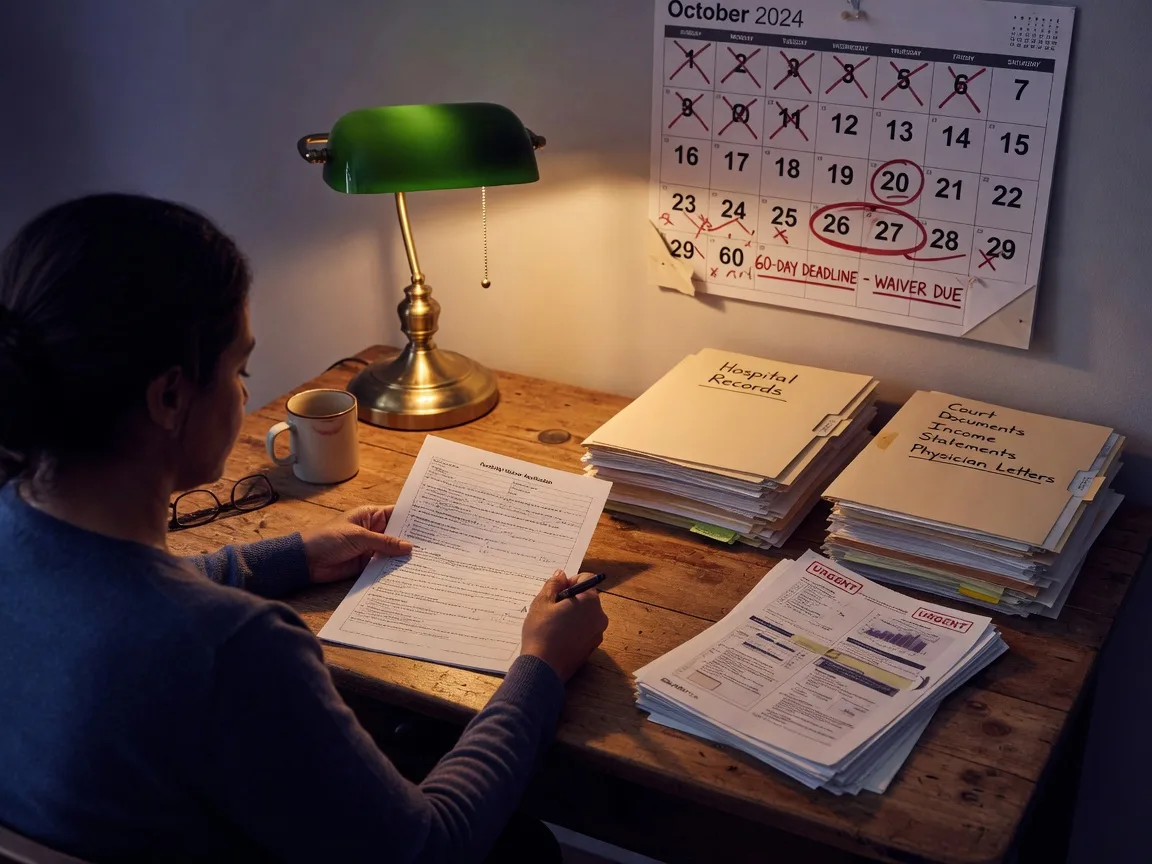 Hardship waiver application on a desk with a calendar showing a 60-day deadline and supporting medical and legal documents