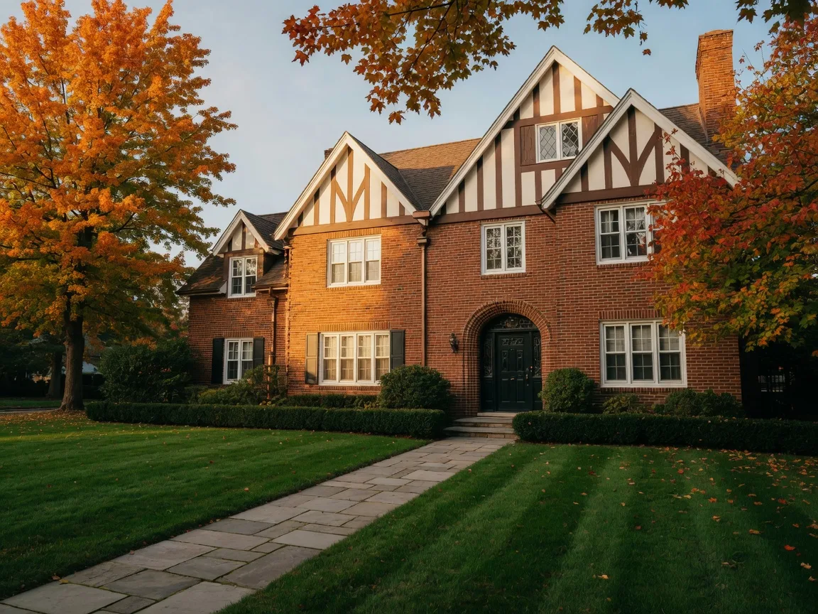 A brick Tudor colonial home in Birmingham, Michigan at golden hour in early fall