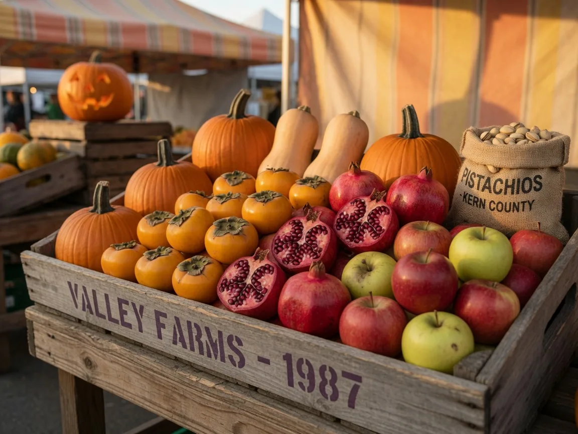 A close-up of a farmers market crate in the Central Valley at the end of October, deep orange pumpkins and butternut squash, golden Fuyu persimmons, crimson pomegranates, crisp red and green apples, and a small burlap sack of pistachios, with a carved jack-o'-lantern softly blurred behind