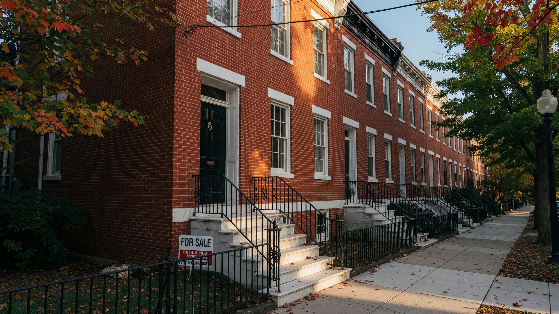Classic brick rowhouse in the Capitol Hill neighborhood of Washington DC with a For Sale sign out front, warm golden autumn light on the facade, and early-fall leaves lining the tree-shaded street
