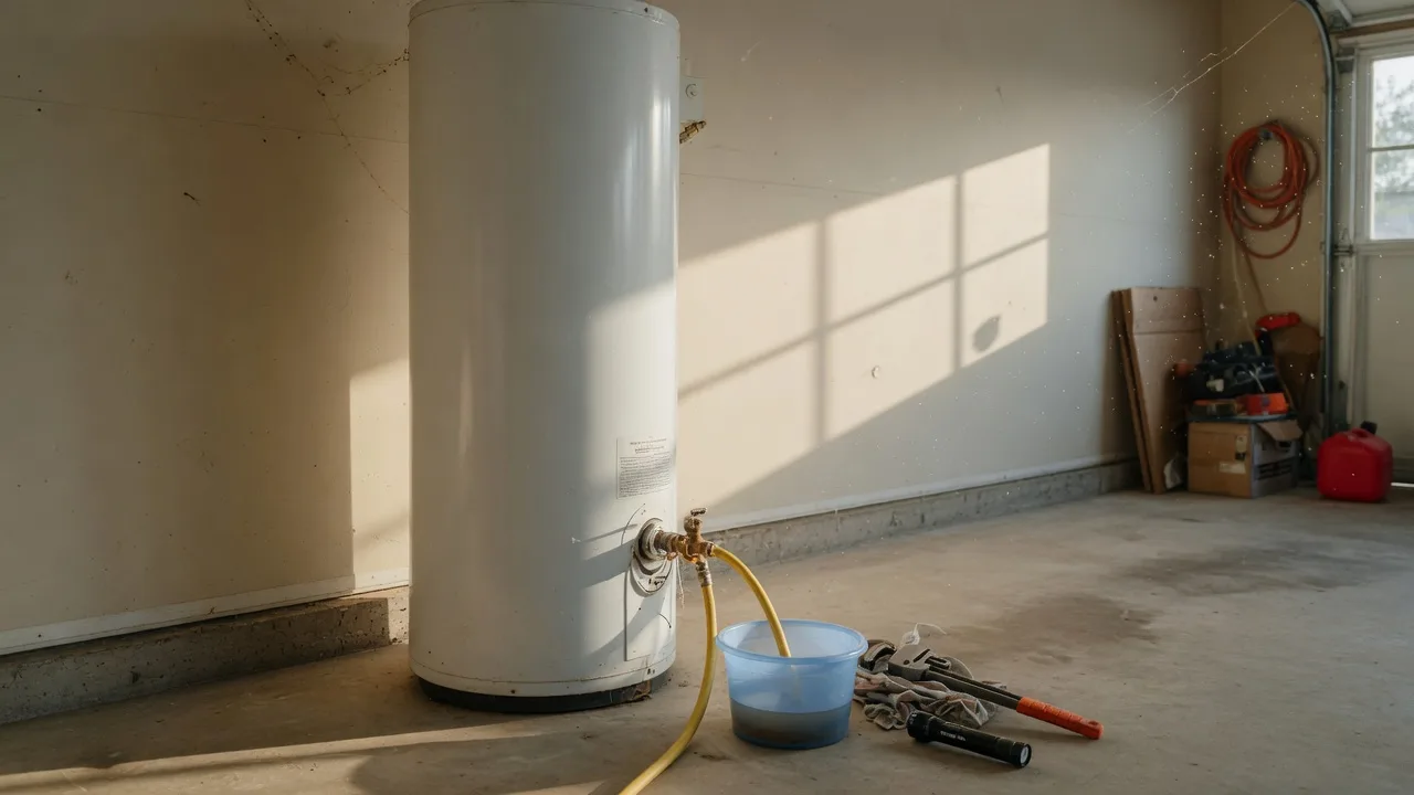Water heater maintenance in San Antonio: a white tank water heater in a Texas garage with a garden hose on the drain valve, a bucket beneath it, and a pipe wrench and flashlight on the concrete floor