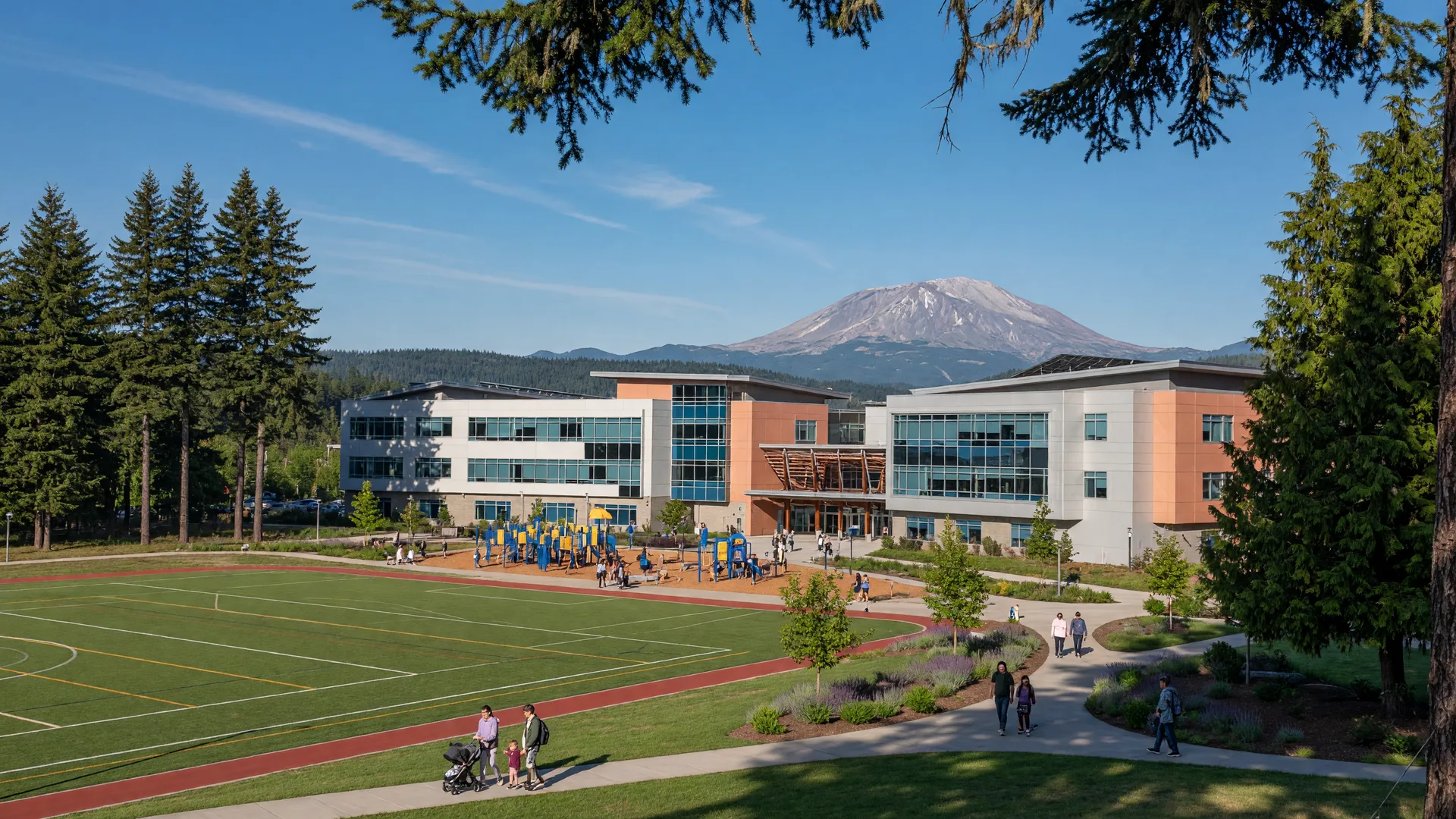 Scenic view of a public school campus in Clark County, Washington with athletic fields and Mount St. Helens in the distance