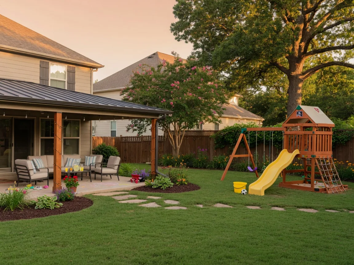 Family-friendly backyard in Bixby, Oklahoma with a covered patio, playset, and mature shade trees