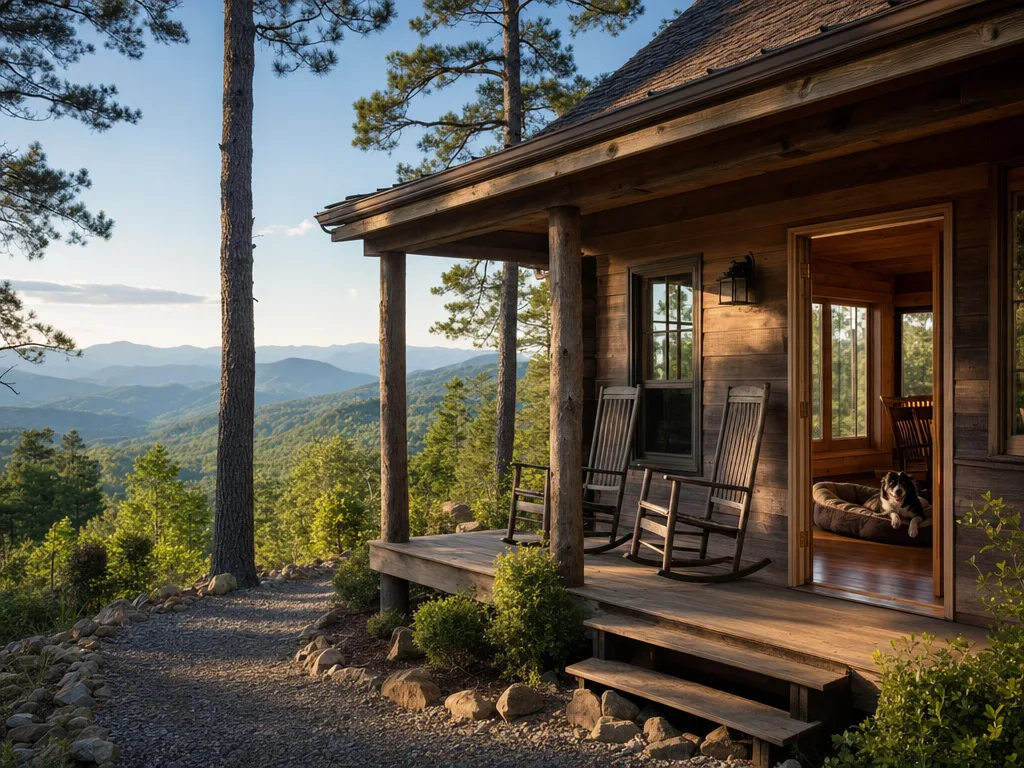 A rustic mountain cabin near Shenandoah with a covered front porch, rocking chairs, and a panoramic Blue Ridge Mountain view in warm afternoon light