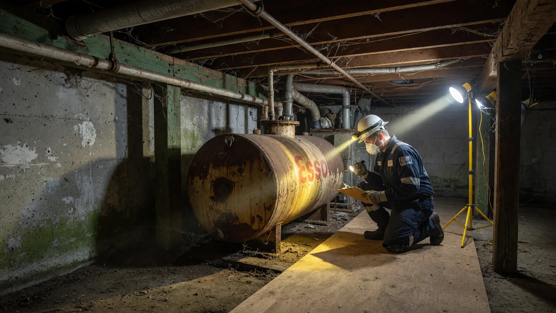 A technician inspecting an aging oil tank in the basement of an older Victoria home during a pre-sale home inspection