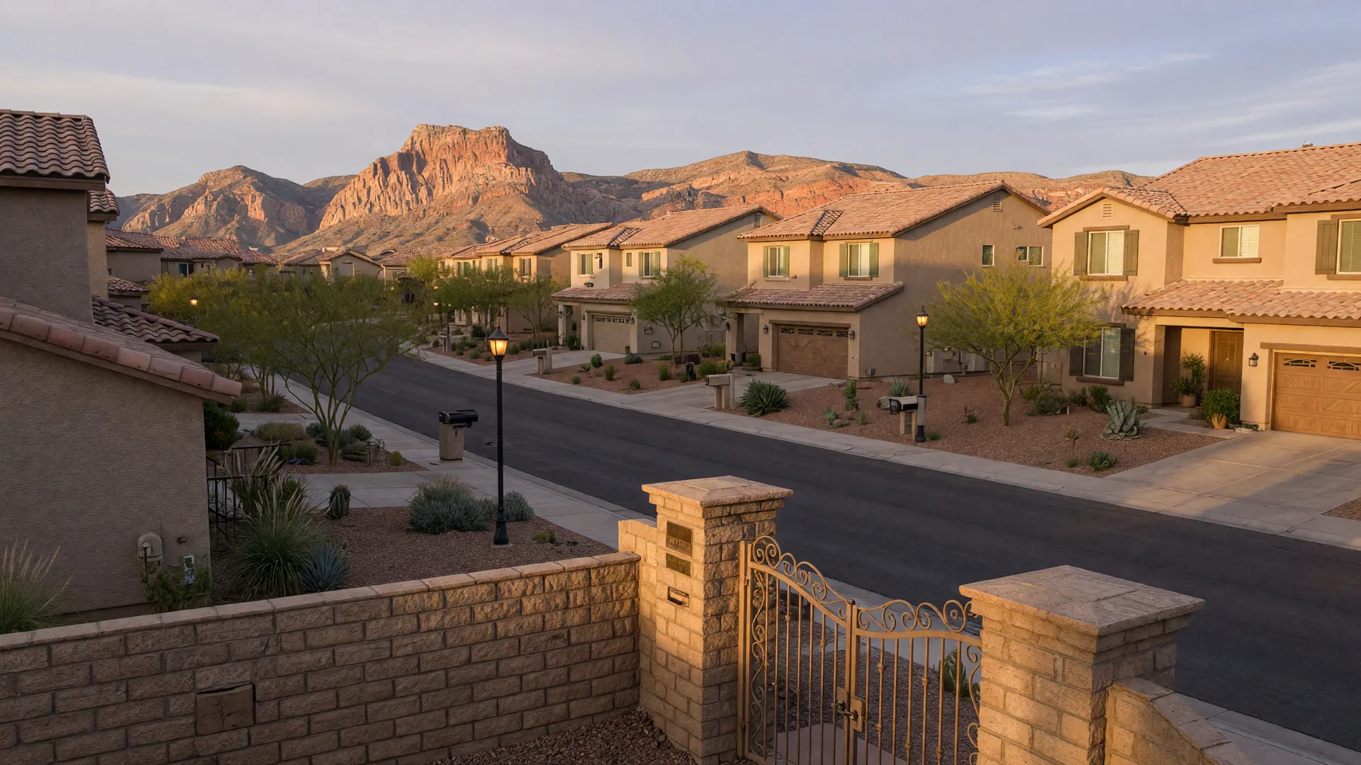 Low-profile single-story stucco homes with tile roofs and desert landscaping behind a cast-stone gate wall in a Summerlin neighborhood with the Red Rock escarpment on the horizon