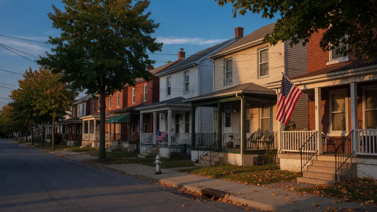 A quiet street of brick twin homes in North Catasauqua at golden hour in late September with early autumn color in the trees